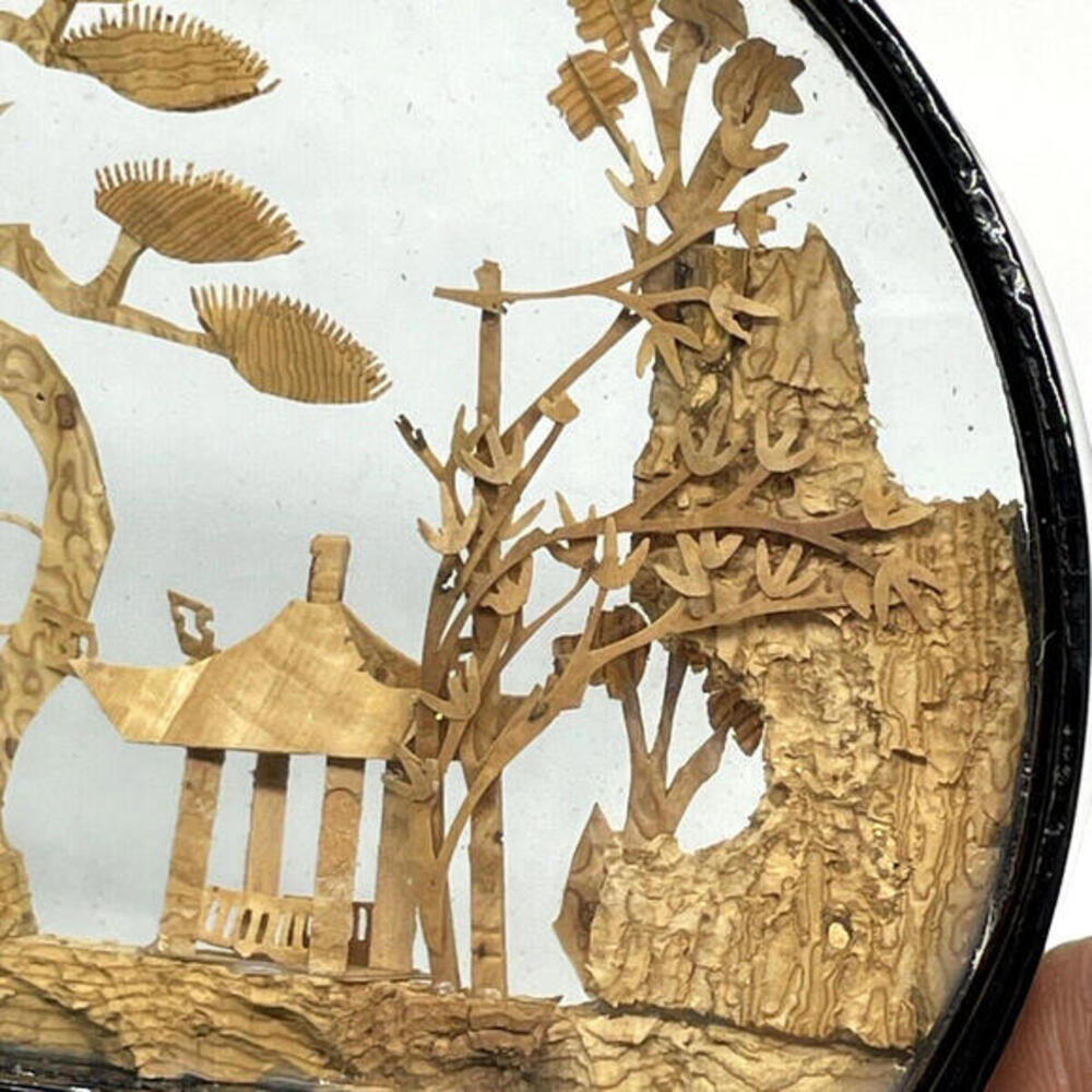 Vintage Chinese Cork Diorama 4" Art in Glass Shadow Box Lacquer‎ Frame Glass - Picture 7 of 9